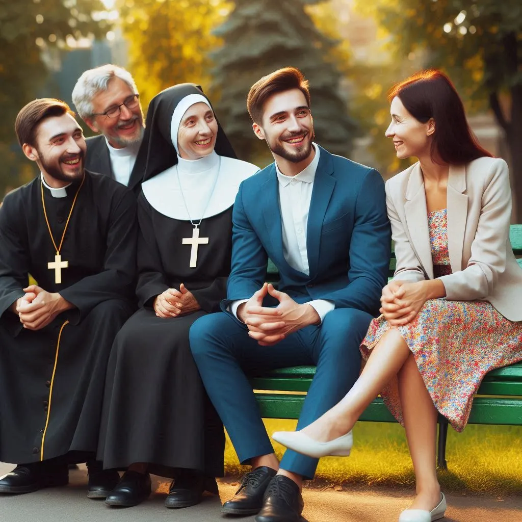 grupo de cuatro personas, dos sacerdotes, una monja y una mujer con su esposo